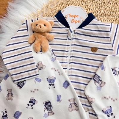   Kit 2 Macacões + Naninha Ursinho - Ursinhos Nerds - Azul Marinho e Off White